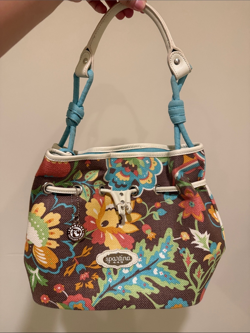 Spartina 449 Brown Blue Floral Canvas Shoulder Bag